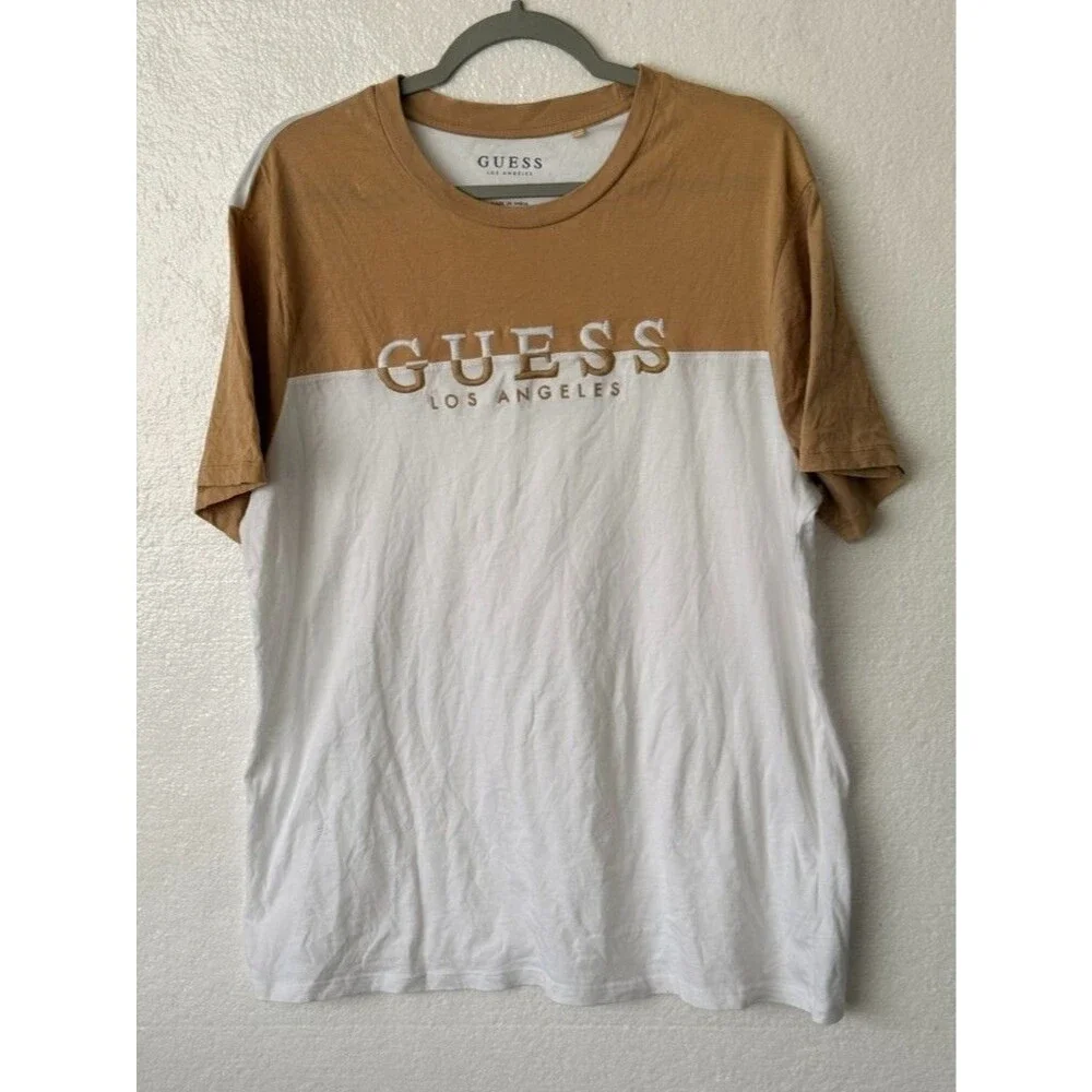 Guess Los Angeles Colorblock T-Shirt Mens XL Beige White Embroidered Logo - Picture 1 of 10